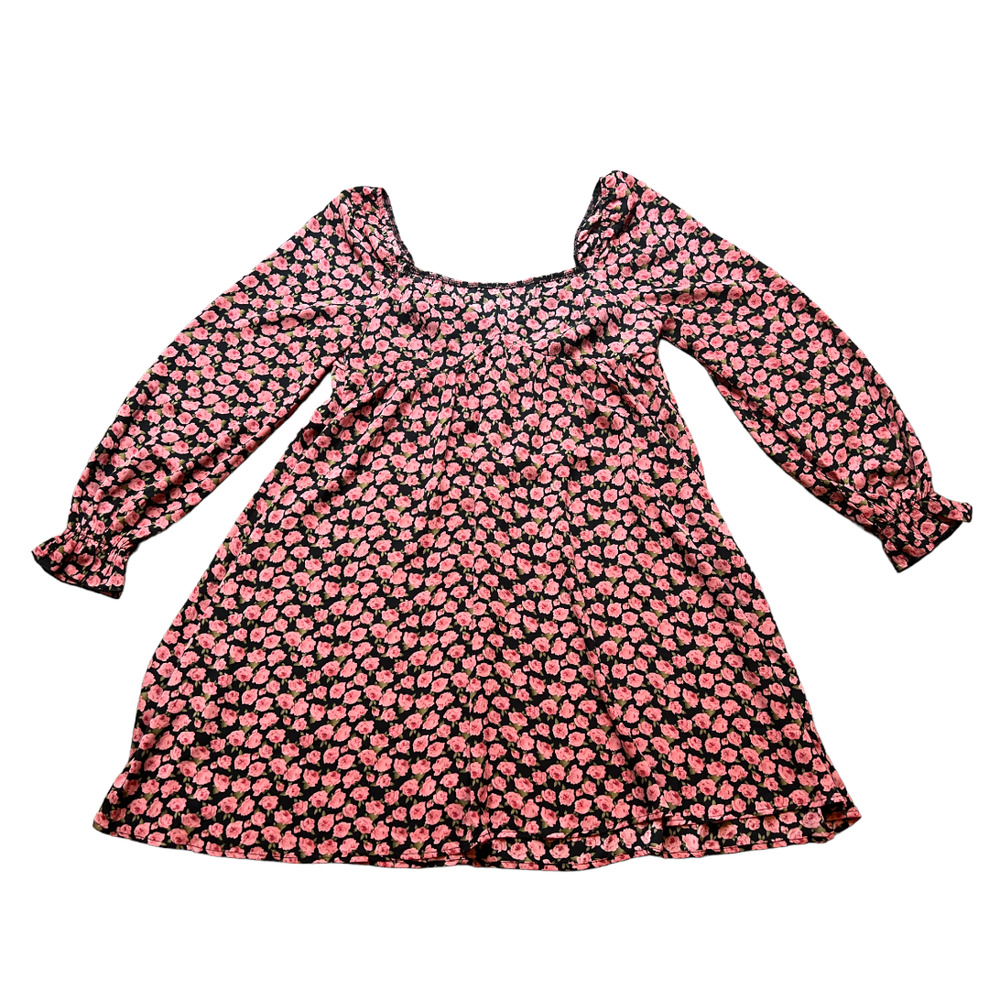 Pink & Black Floral Dress Size Large w/ Roses #0062